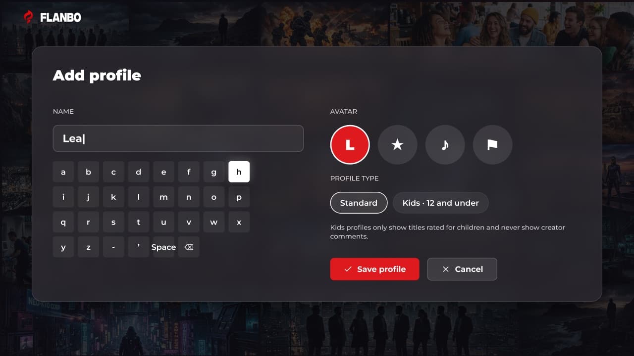 The screen to add a profile