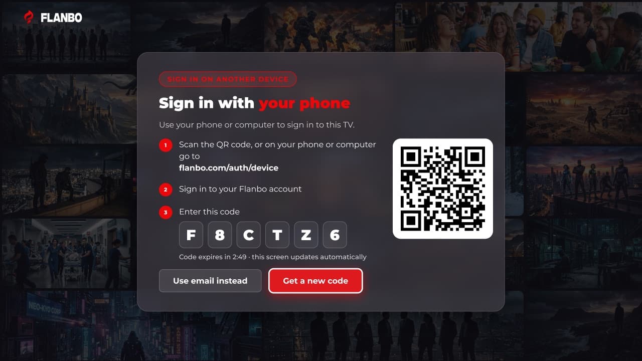 A QR code and code to sign in to the TV from a phone